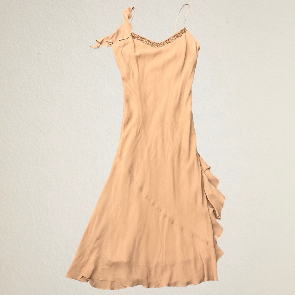 Vintage 90s brown beaded silk ruffle dress, bohemian boho chic Y2K fairycore